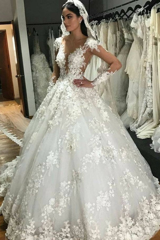 Wunderschönes langes Prinzessin-Brautkleid im Bateau-Stil mit Applikationen, Spitze, rückenfrei, Rüschen und Ärmeln