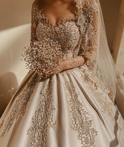 Gorgeous Long Princess Sweetheart Beading Pearl Satin Wedding Dress with Sleeves