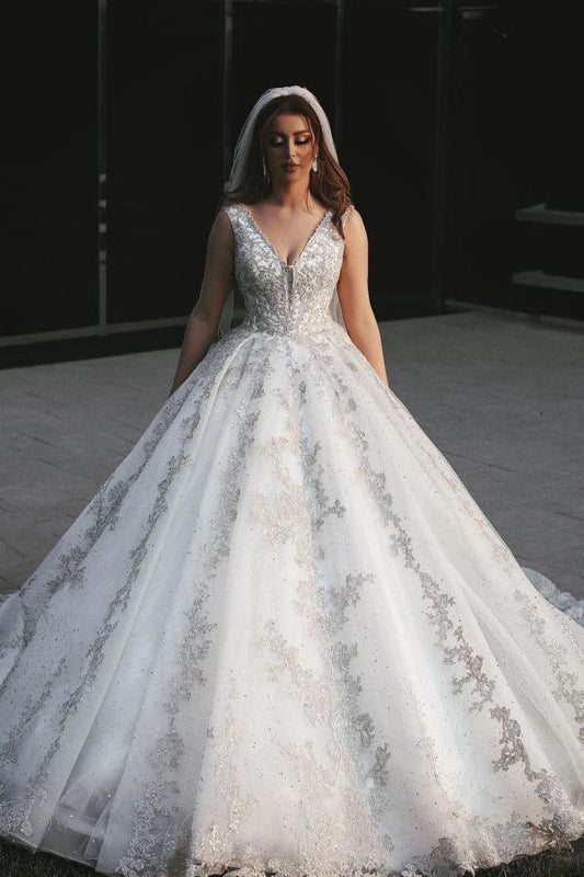 Wunderschönes langes Prinzessinnen-Brautkleid mit V-Ausschnitt, Tüll und Spitzenapplikationen