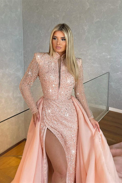 Hermosos vestidos de noche de sirena con abertura y mangas largas con cuentas