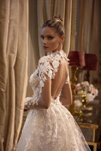 Gorgeous Long Sleeves A-line Jewel Tulle Lace Backless Wedding Dresses with Slit