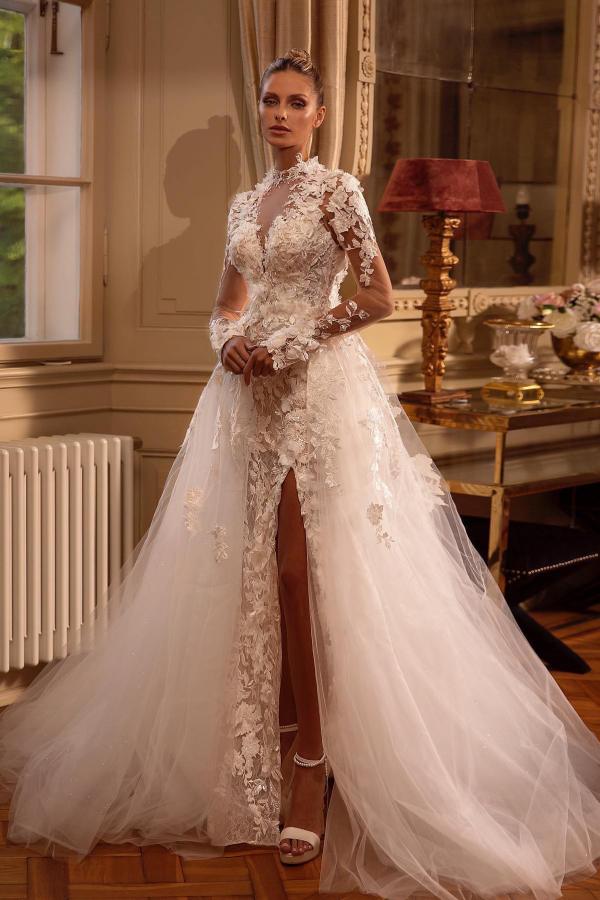 Gorgeous Long Sleeves A-line Jewel Tulle Lace Backless Wedding Dresses with Slit