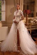 Gorgeous Long Sleeves A-line Jewel Tulle Lace Backless Wedding Dresses with Slit