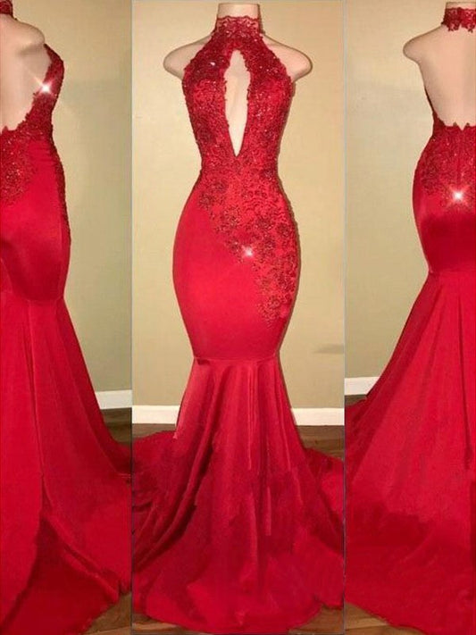 Preciosos vestidos de fiesta Charmeuse con apliques sin mangas y cuello Halter de sirena