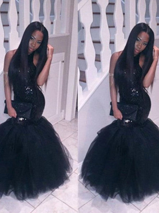 Hermosos vestidos de fiesta de tul con lentejuelas y escote halter de sirena sin mangas hasta el suelo