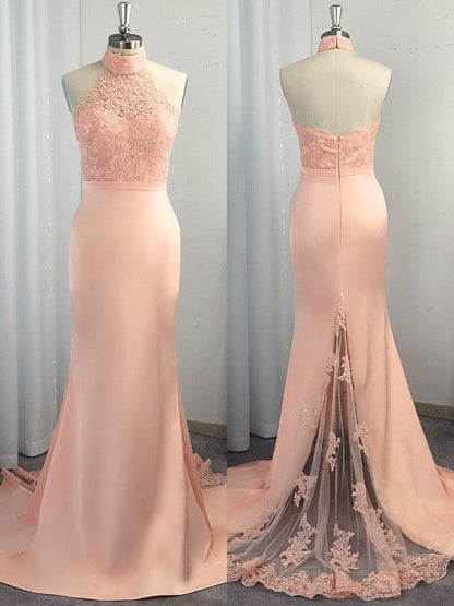 Hermosos vestidos de fiesta de satén con encaje y cuello halter sin mangas de sirena