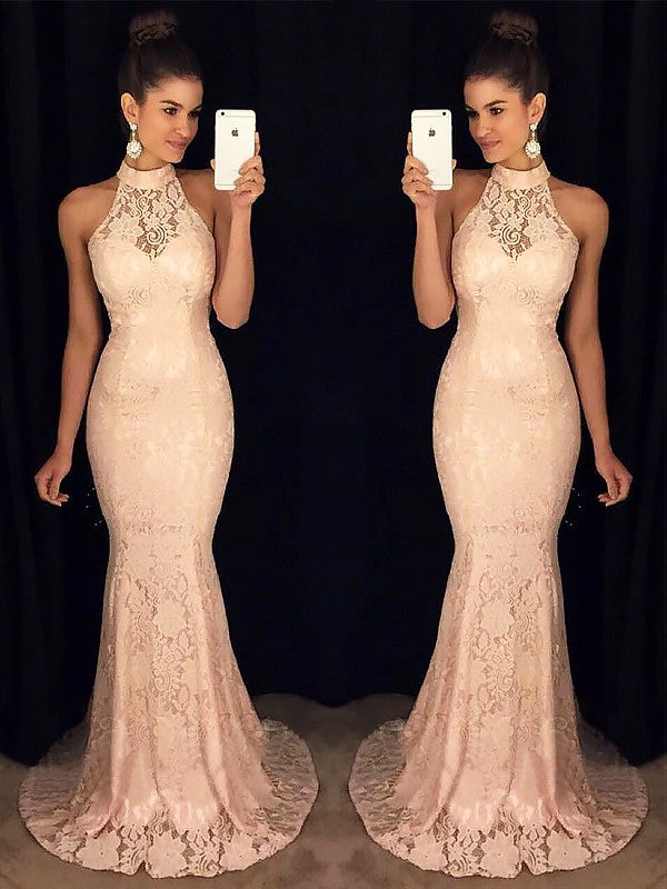 Gorgeous Mermaid High Neck Sleeveless Ruffles Lace Prom Dresses