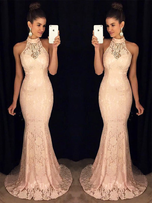 Gorgeous Mermaid High Neck Sleeveless Ruffles Lace Prom Dresses