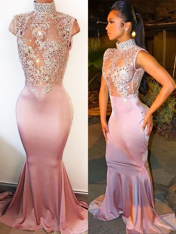 Hermosos vestidos de fiesta de sirena con cuello alto, sin mangas, de encaje satinado similar a la seda