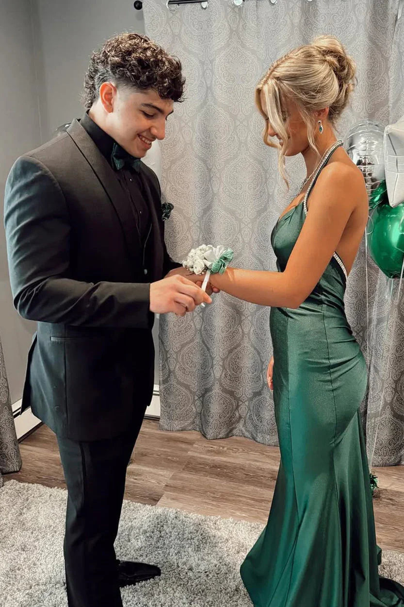 فستان رسمي طويل بلون أخضر صياد رائع بتصميم بوق