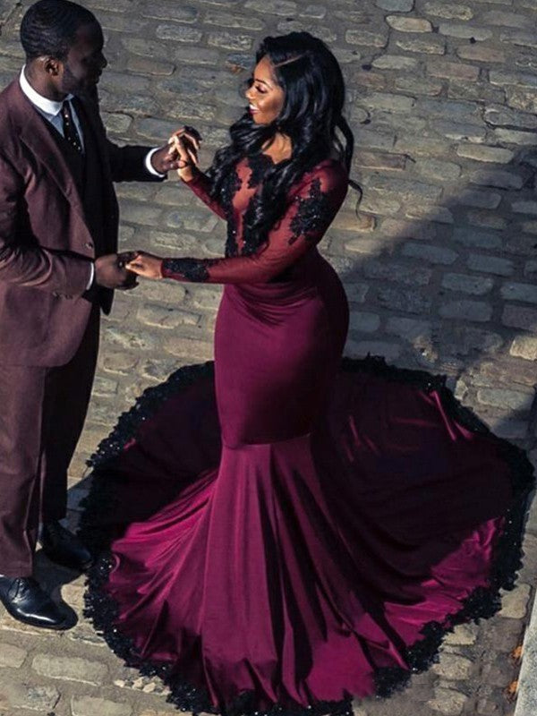 Hermosos vestidos de fiesta de sirena con mangas largas, cola barco, apliques de licra