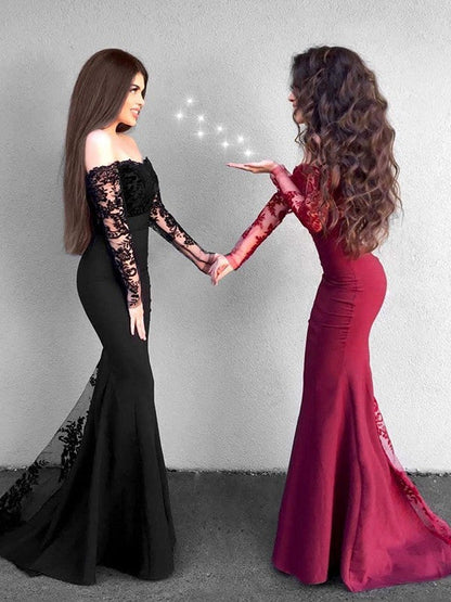 Gorgeous Mermaid Long Sleeves Off-the-Shoulder Applique Stretch Crepe Prom Dresses