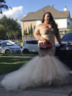 Gorgeous Mermaid Off-the-Shoulder Long Sleeves Applique Court Train Tulle Plus Size Prom Dresses