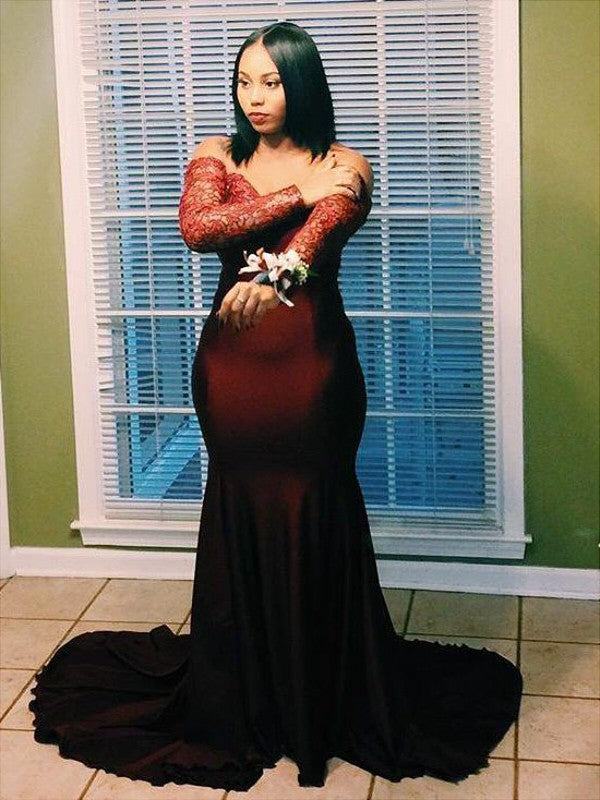 Gorgeous Mermaid Off-the-Shoulder Long Sleeves Applique Elastic Woven Satin Plus Size Prom Dresses