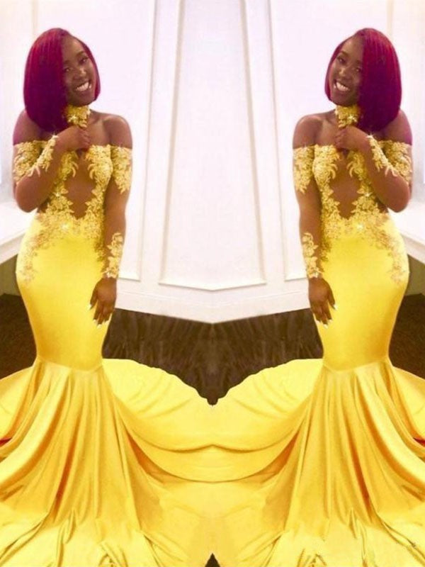 Splendido Abito da Sera in Raso Intessuto con Maniche Lunghe a Spalle Scoperte, Applicazioni e Fascia Elastica, Stile Sirena