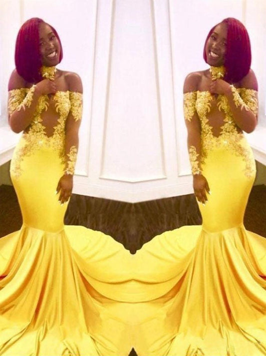 Gorgeous Mermaid Off-the-Shoulder Long Sleeves Applique Elastic Woven Satin Prom Dresses