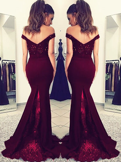 Hermosos vestidos de fiesta de satén elástico con encaje, sin mangas y hombros descubiertos, estilo sirena