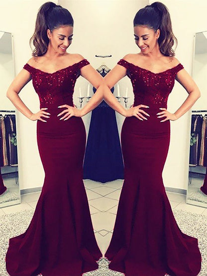 Hermosos vestidos de fiesta de satén elástico con encaje, sin mangas y hombros descubiertos, estilo sirena