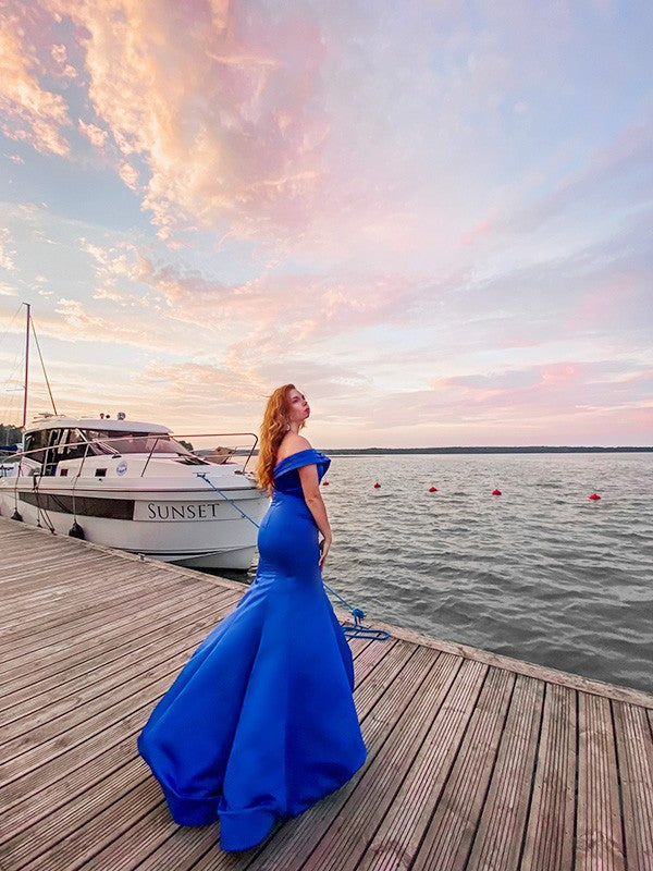 Gorgeous Mermaid Satin Ruffles Off-the-Shoulder Sleeveless Prom Dresses