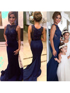 فساتين سهرة ساتان بلا أكمام مزينة بالخرز، بياقة دائرية، ذيل طويل، بتصميم حورية البحر الرائع