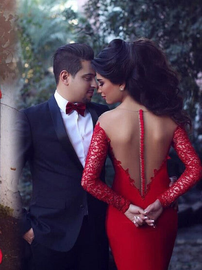 Hermosos vestidos de fiesta de crepé elástico con apliques y mangas largas con escote sirena