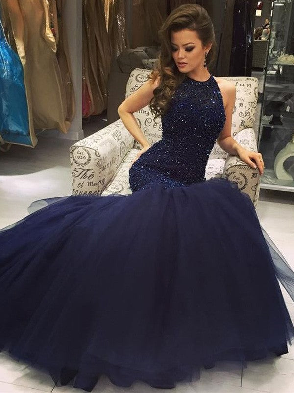 Hermosos vestidos de fiesta de sirena sin mangas hasta el suelo con joya de tul y cuentas