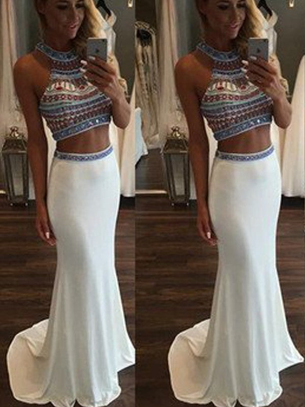 Gorgeous Mermaid Sleeveless Halter Beading Spandex Two Piece Prom Dresses