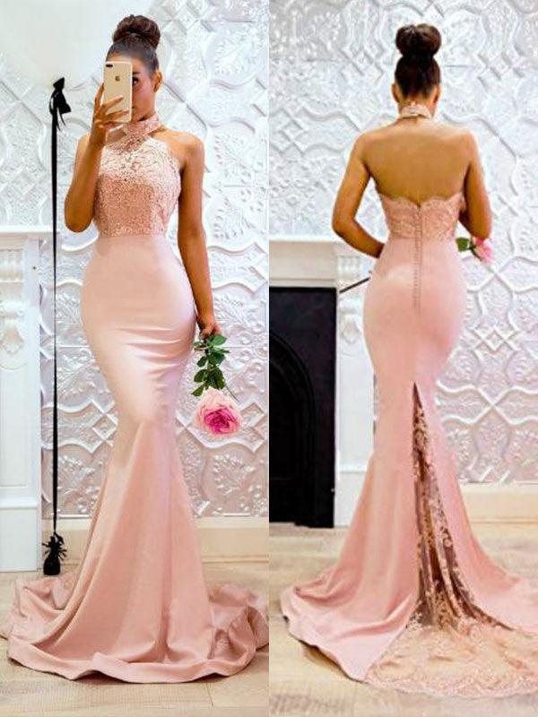 Gorgeous Mermaid Sleeveless Halter Lace Charmeuse Prom Dresses