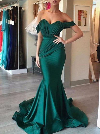 Hermosos vestidos de fiesta de sirena sin mangas con hombros descubiertos, volantes y licra