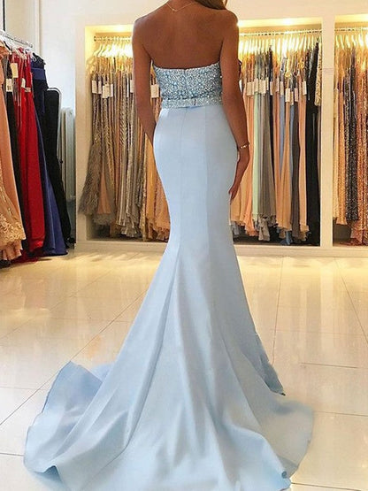 Gorgeous Mermaid Sleeveless Sweetheart Beading Satin Prom Dresses