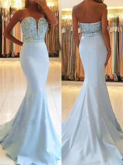 Gorgeous Mermaid Sleeveless Sweetheart Beading Satin Prom Dresses