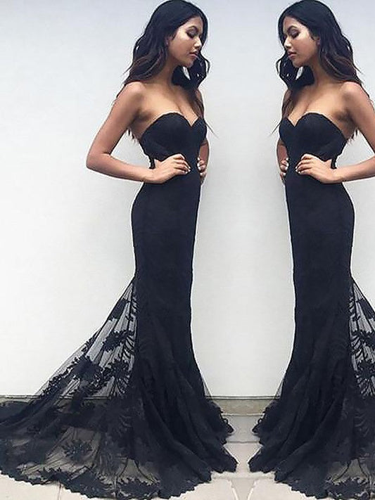 Hermosos vestidos de fiesta de sirena sin mangas con escote en forma de corazón, encaje y volantes