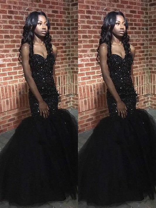 Hermosos vestidos de fiesta de sirena sin mangas con escote en forma de corazón, lentejuelas y abalorios hasta el suelo