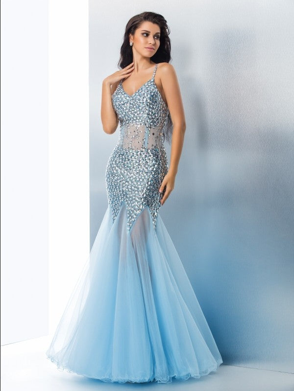 Gorgeous Mermaid Spaghetti Straps Sequin Sleeveless Long Tulle Prom Dresses