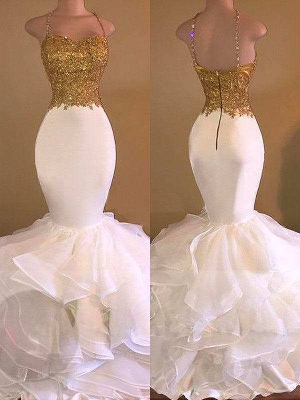 Hermosos vestidos de fiesta de sirena con tirantes finos, sin mangas, apliques de organza y largo hasta el suelo