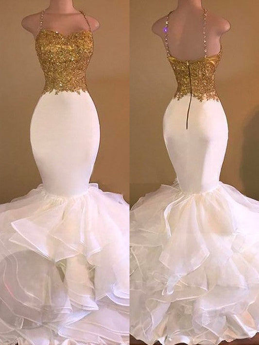 Hermosos vestidos de fiesta de sirena con tirantes finos, sin mangas, apliques de organza y largo hasta el suelo