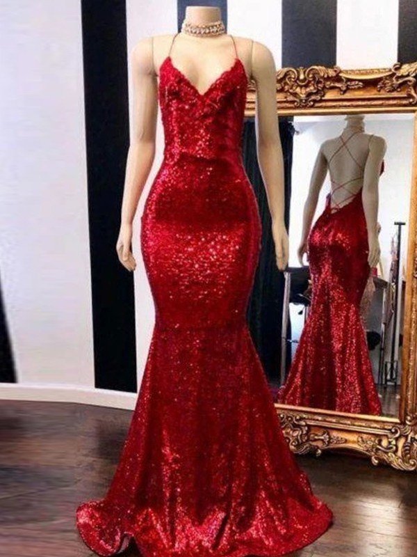 Splendidi Abiti da Sera con Spalline Sottili, Senza Maniche, Decorati con Paillettes, a Tema Sirena