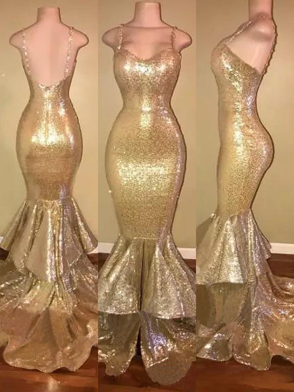 Vestidos de Baile Deslumbrantes com Alças Finas, Sem Mangas, Lantejoulas e Folhos, Estilo Sereia