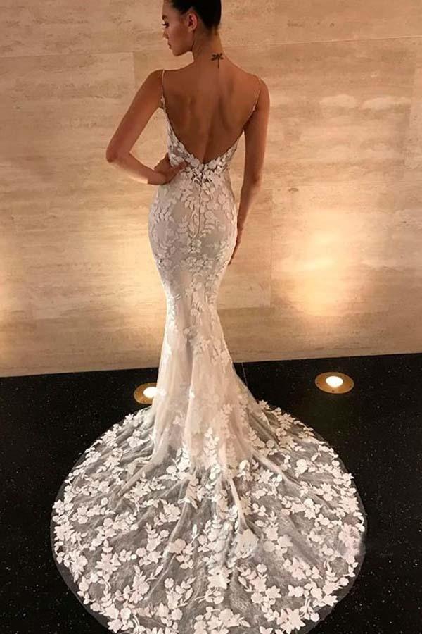 Gorgeous Mermaid Straps Open Back Lace Wedding Dresses
