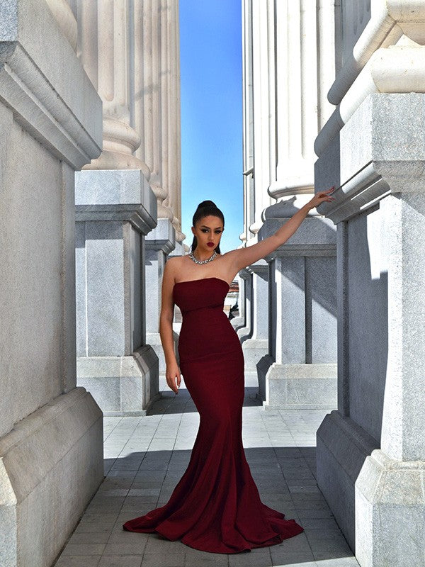 Hermosos vestidos de fiesta sin tirantes, con volantes y sin mangas de crepé elástico de sirena