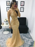 Splendidi abiti da sera senza maniche con corpino allacciato al collo, perline e tulle a sirena