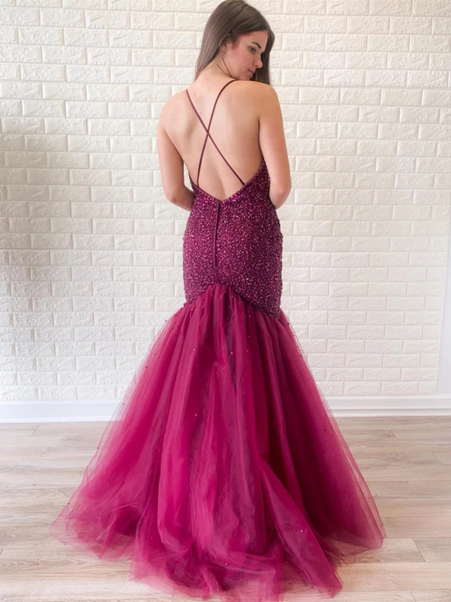 Splendido abito lungo da sera con scollo a V, schiena scoperta, tulle e perline, stile sirena