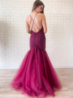 Splendido abito lungo da sera con scollo a V, schiena scoperta, tulle e perline, stile sirena