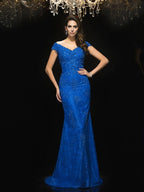 Splendido abito lungo da cerimonia per madre della sposa con scollo a V, pizzo e senza maniche, ispirato alla sirena