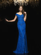 Splendido abito lungo da cerimonia per madre della sposa con scollo a V, pizzo e senza maniche, ispirato alla sirena