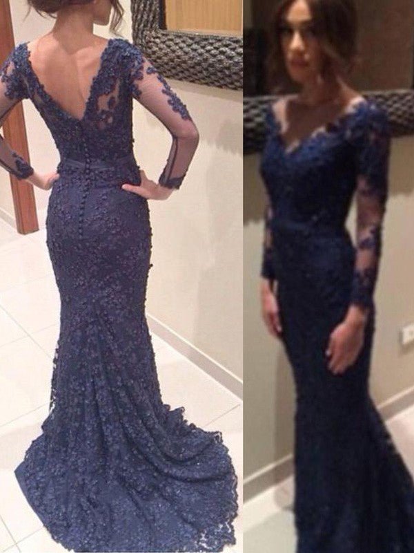 Gorgeous Mermaid V-neck Long Sleeves Applique Lace Prom Dresses