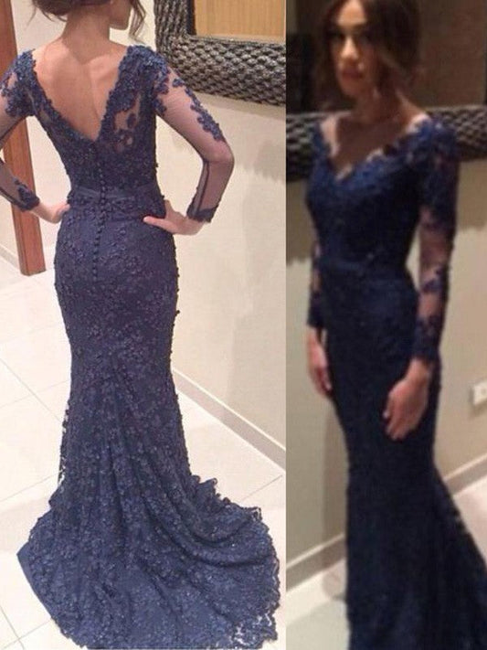 Gorgeous Mermaid V-neck Long Sleeves Applique Lace Prom Dresses