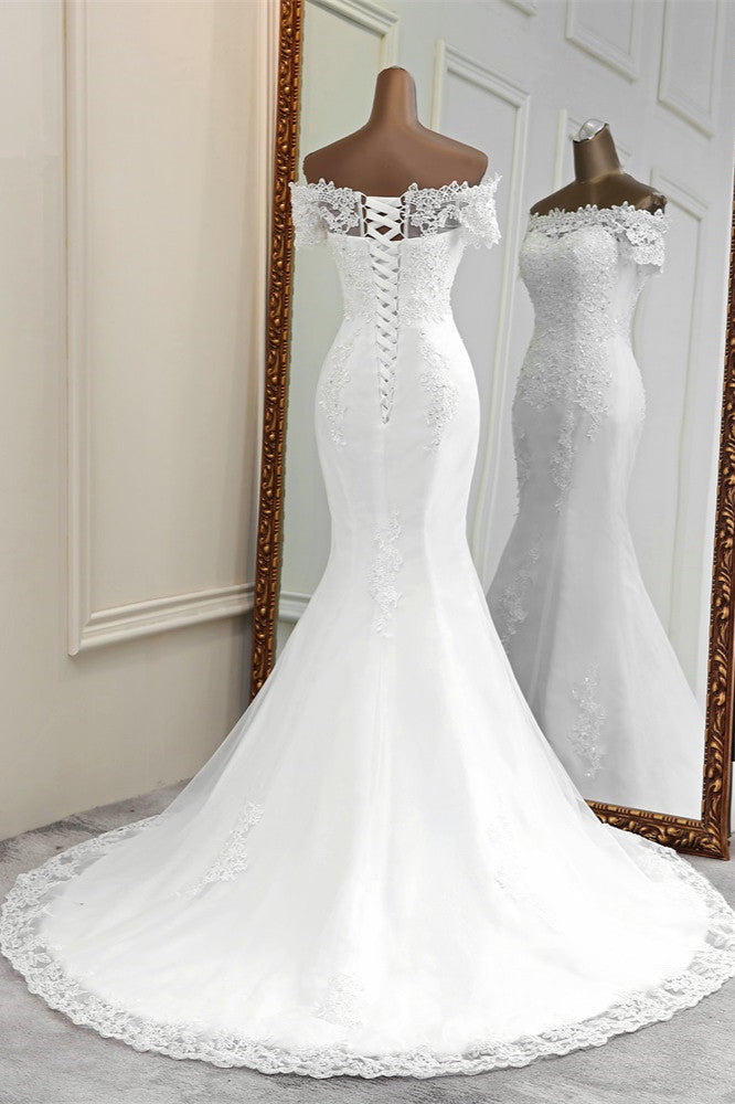 Gorgeous Off The Shoulder Lace Mermaid Wedding Dresses Short Sleeves Rhinestones