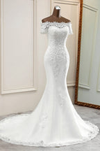 Gorgeous Off The Shoulder Lace Mermaid Wedding Dresses Short Sleeves Rhinestones