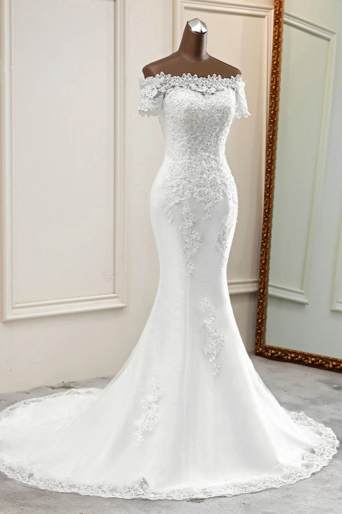 Gorgeous Off The Shoulder Lace Mermaid Wedding Dresses Short Sleeves Rhinestones